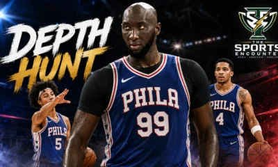Tacko Fall, Jameer Nelson Jr. and Saint Thomas featured in a Philadelphia 76ers training-camp graphic highlighting the team’s search for size, scoring and low-cost roster depth.