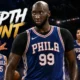 Tacko Fall, Jameer Nelson Jr. and Saint Thomas featured in a Philadelphia 76ers training-camp graphic highlighting the team’s search for size, scoring and low-cost roster depth.