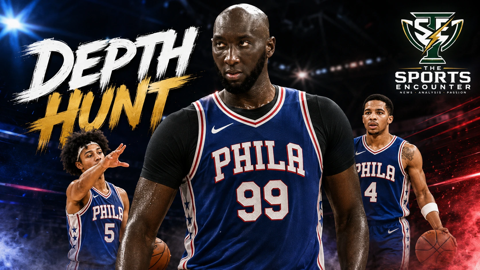 Tacko Fall, Jameer Nelson Jr. and Saint Thomas featured in a Philadelphia 76ers training-camp graphic highlighting the team’s search for size, scoring and low-cost roster depth.
