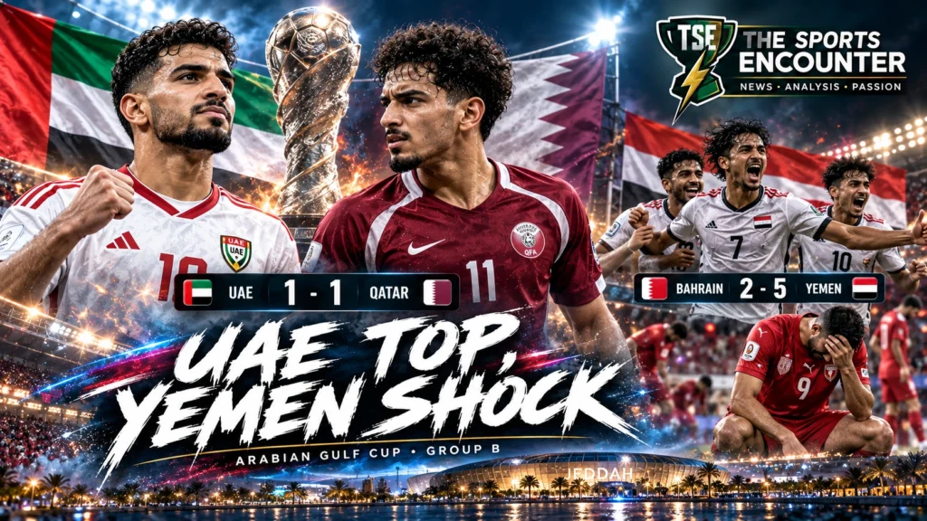 UAE and Qatar players contest the Gulf Cup 27 Group B decider as Yemen celebrate their 5-2 victory over defending champions Bahrain in Jeddah.