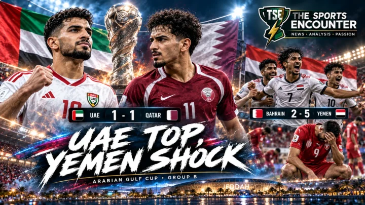 UAE and Qatar players contest the Gulf Cup 27 Group B decider as Yemen celebrate their 5-2 victory over defending champions Bahrain in Jeddah.