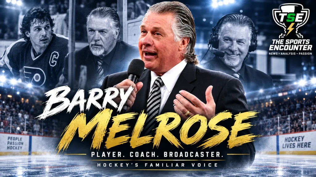 Barry Melrose speaking rinkside during a hockey broadcast, remembered after his death at age 70.