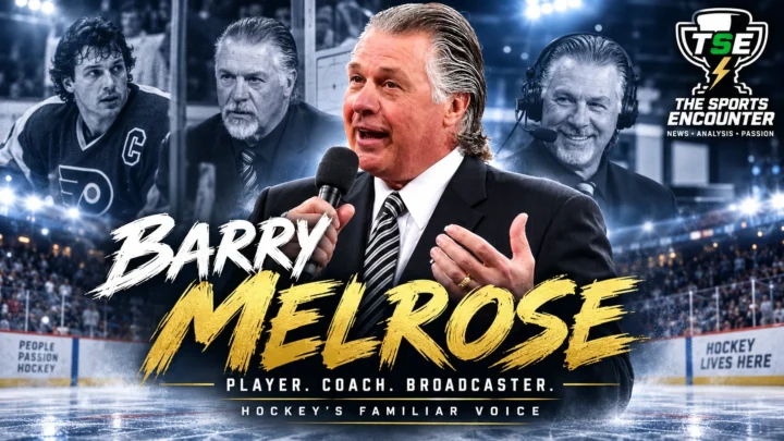 Barry Melrose speaking rinkside during a hockey broadcast, remembered after his death at age 70.