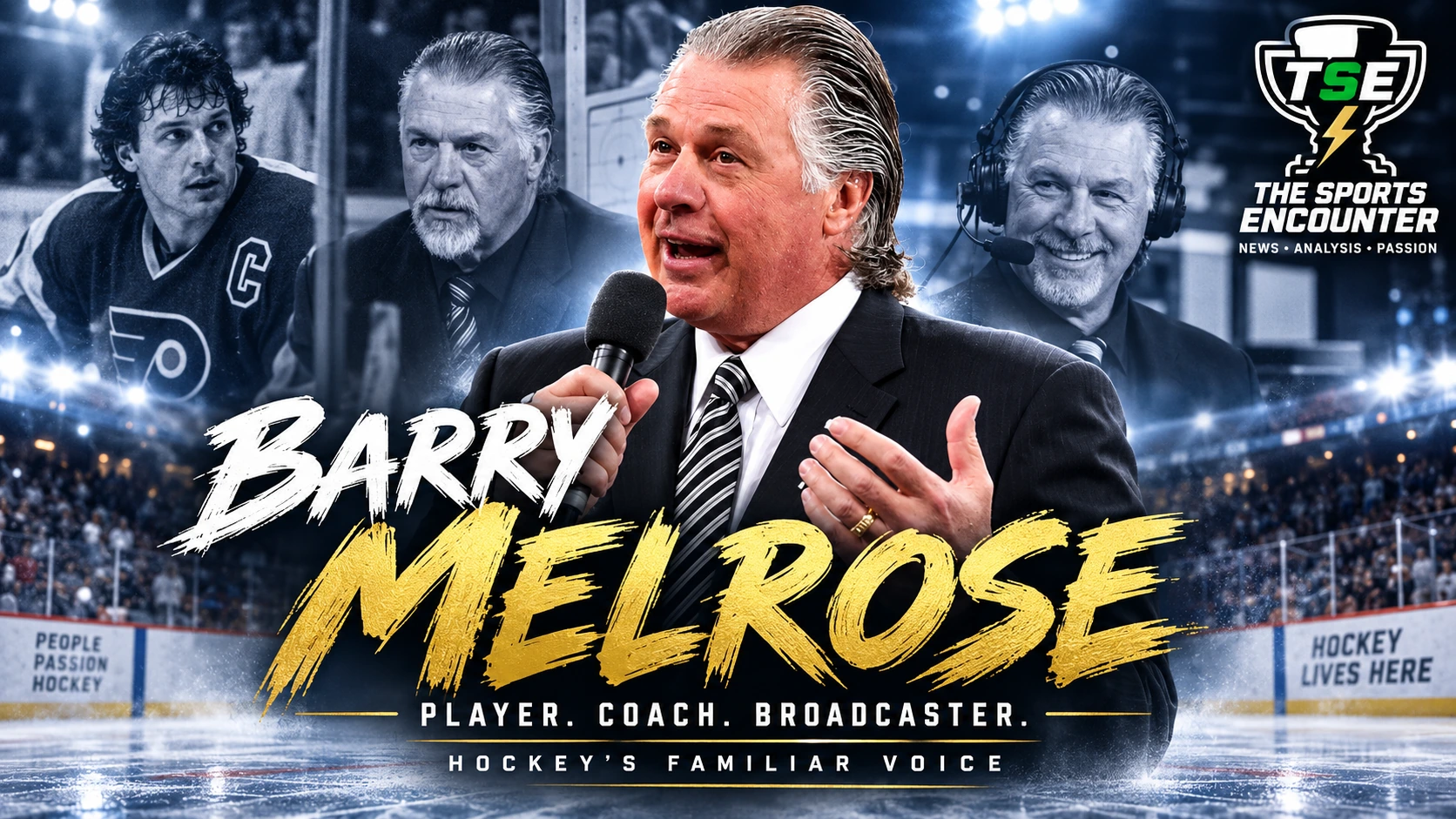 Barry Melrose speaking rinkside during a hockey broadcast, remembered after his death at age 70.
