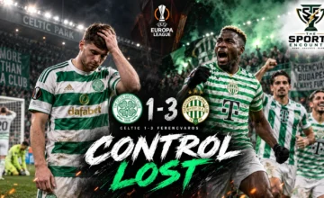 Ferencváros players celebrate their 3-1 Europa League victory over Celtic at Celtic Park as the home side react to a damaging opening-night defeat.