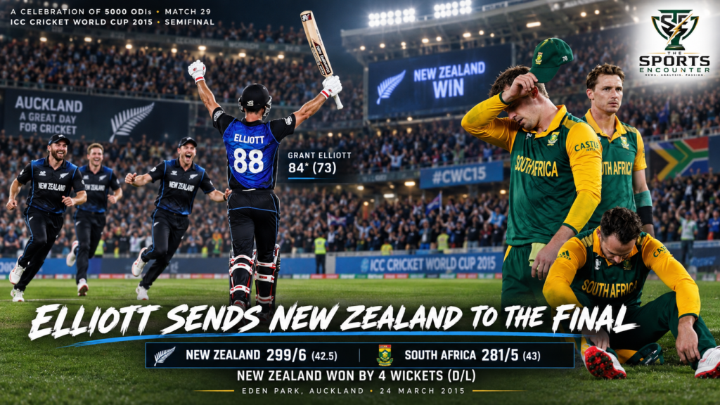 A Celebration of 5000 ODIs Match 29: Elliott’s Six Breaks New Zealand’s Semifinal Barrier and South African Hearts