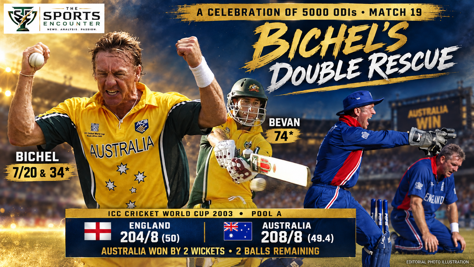 A Celebration of 5000 ODIs Match 19: Bichel and Bevan Rescue Australia From 135/8 to Break England’s Hearts