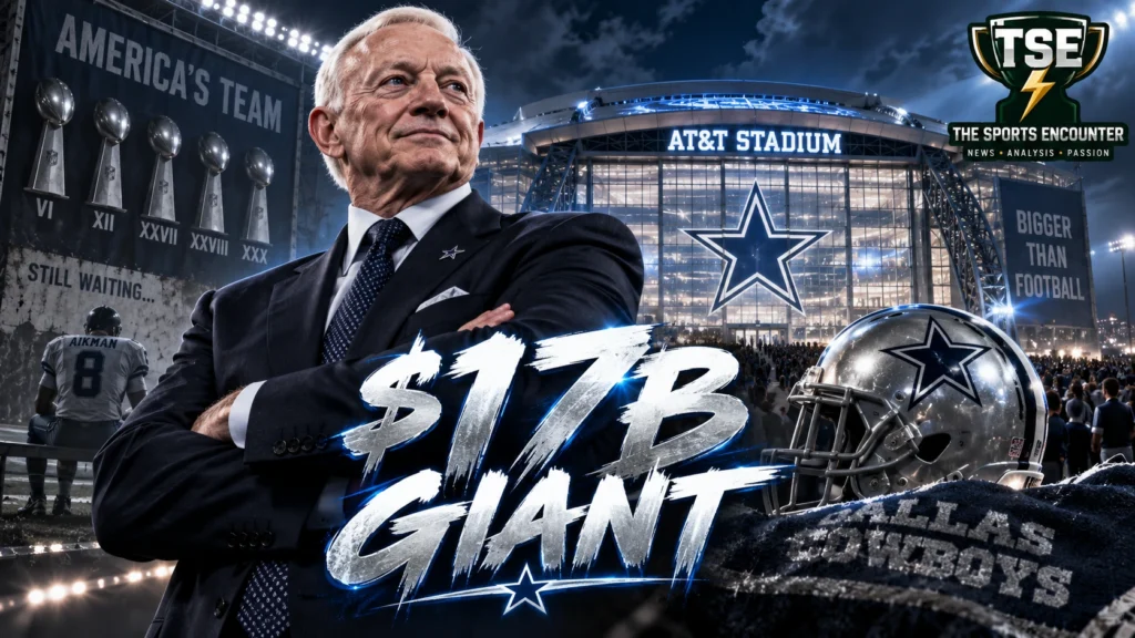 Dallas Cowboys imagery with AT&T Stadium and the team’s $17 billion valuation highlighted as the franchise extends its reign as the NFL’s most valuable team.