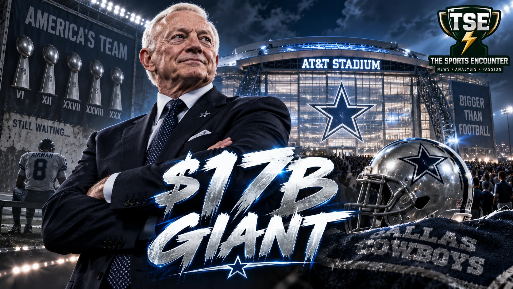 Dallas Cowboys imagery with AT&T Stadium and the team’s $17 billion valuation highlighted as the franchise extends its reign as the NFL’s most valuable team.