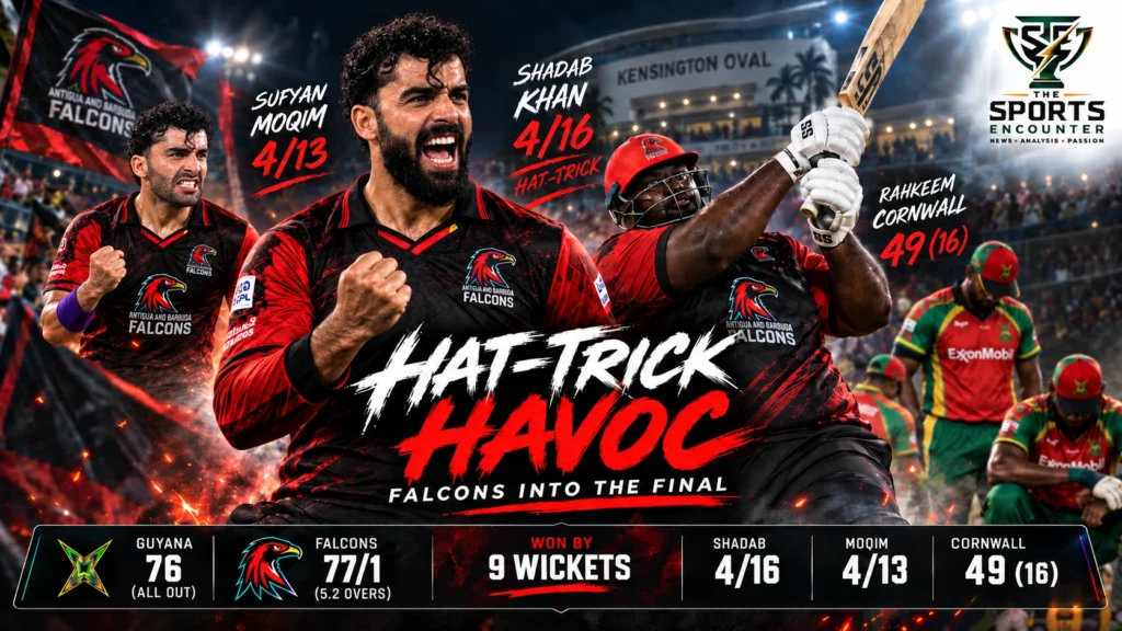 Shadab Khan celebrates his CPL 2026 Qualifier 1 hat-trick for Antigua and Barbuda Falcons as Rahkeem Cornwall attacks Guyana at Kensington Oval.