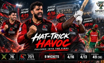 Shadab Khan celebrates his CPL 2026 Qualifier 1 hat-trick for Antigua and Barbuda Falcons as Rahkeem Cornwall attacks Guyana at Kensington Oval.