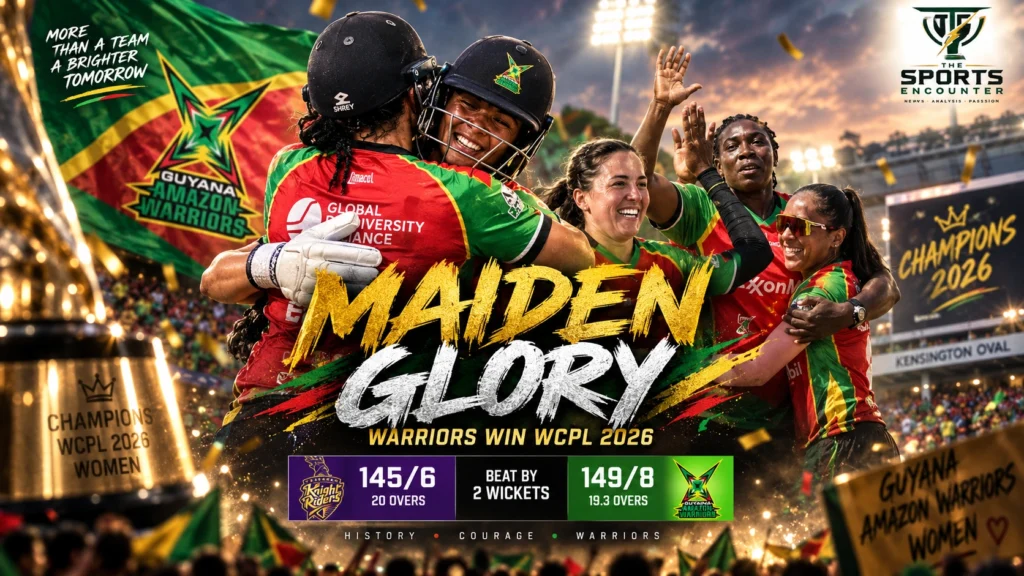 Chedean Nation and Chloe Tryon celebrate Guyana Amazon Warriors Women’s two-wicket victory over Trinbago Knight Riders Women in the 2026 WCPL final at Kensington Oval.