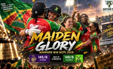 Chedean Nation and Chloe Tryon celebrate Guyana Amazon Warriors Women’s two-wicket victory over Trinbago Knight Riders Women in the 2026 WCPL final at Kensington Oval.