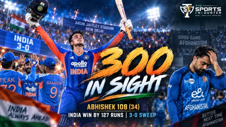 Abhishek Sharma celebrates his 30-ball century as India defeat Afghanistan by 127 runs in the third T20I in Delhi.