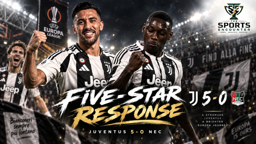 Juventus players celebrate during their 5-0 Europa League victory over NEC Nijmegen at the Allianz Stadium in Turin.