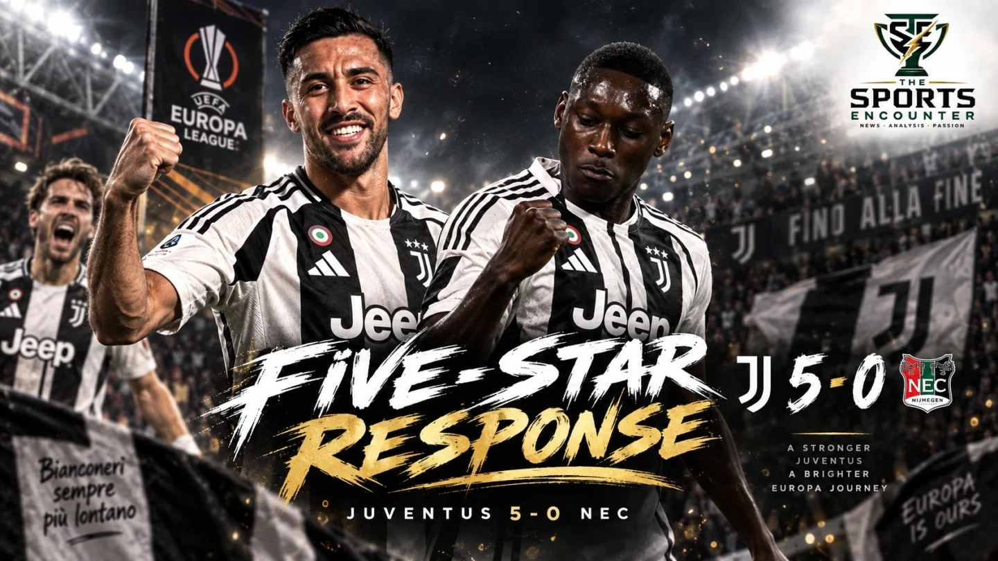 Juventus players celebrate during their 5-0 Europa League victory over NEC Nijmegen at the Allianz Stadium in Turin.