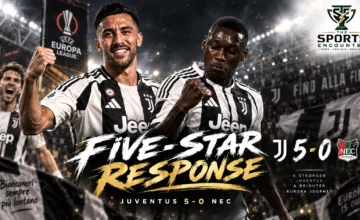 Juventus players celebrate during their 5-0 Europa League victory over NEC Nijmegen at the Allianz Stadium in Turin.