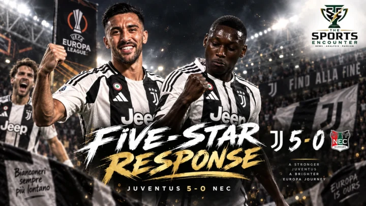 Juventus players celebrate during their 5-0 Europa League victory over NEC Nijmegen at the Allianz Stadium in Turin.