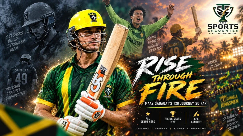 Maaz Sadaqat raises his bat after scoring 112 for Jamaica Kingsmen in the CPL 2026 Eliminator against Barbados Tridents.