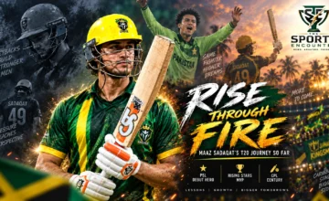 Maaz Sadaqat raises his bat after scoring 112 for Jamaica Kingsmen in the CPL 2026 Eliminator against Barbados Tridents.