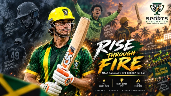 Maaz Sadaqat raises his bat after scoring 112 for Jamaica Kingsmen in the CPL 2026 Eliminator against Barbados Tridents.