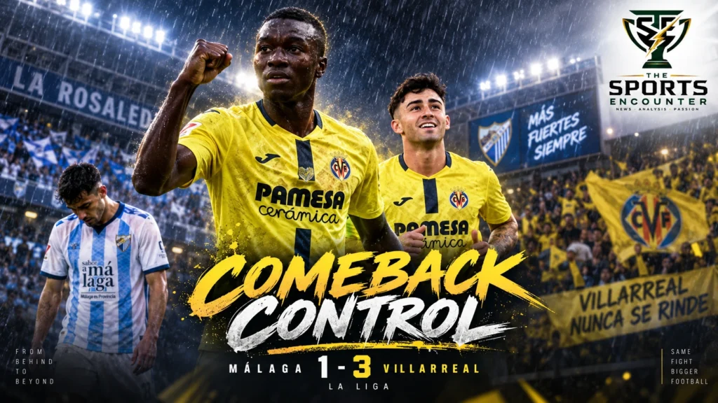 Pape Gueye and Villarreal players celebrate during their 3-1 La Liga comeback victory over Málaga at La Rosaleda.