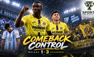 Pape Gueye and Villarreal players celebrate during their 3-1 La Liga comeback victory over Málaga at La Rosaleda.