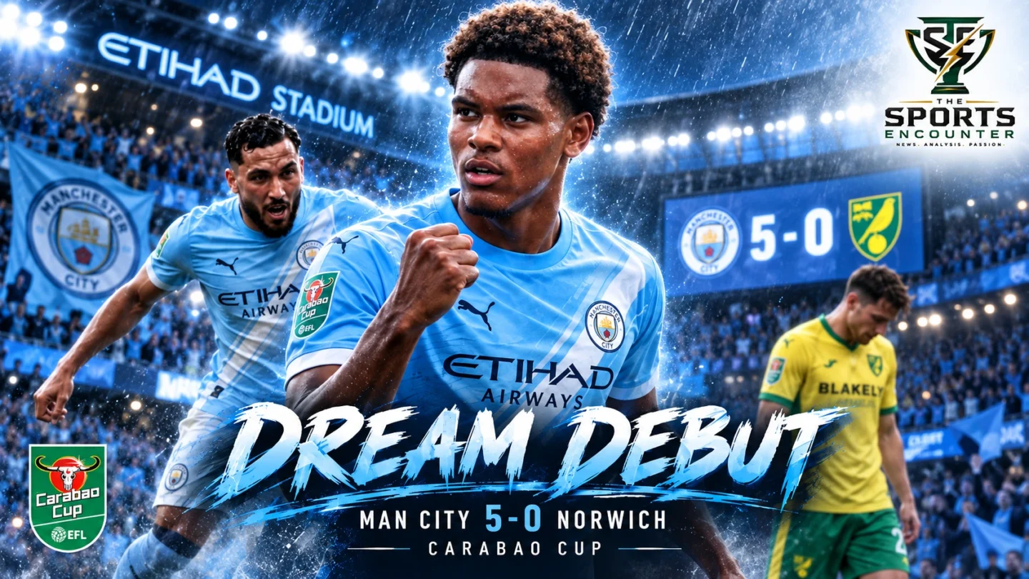Floyd Samba celebrates after scoring twice on his Manchester City debut during the 5-0 Carabao Cup victory over Norwich City at the Etihad Stadium.