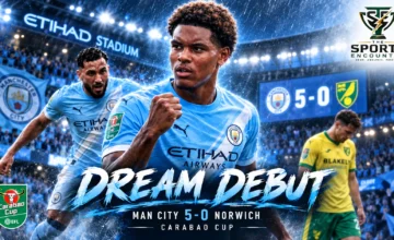 Floyd Samba celebrates after scoring twice on his Manchester City debut during the 5-0 Carabao Cup victory over Norwich City at the Etihad Stadium.