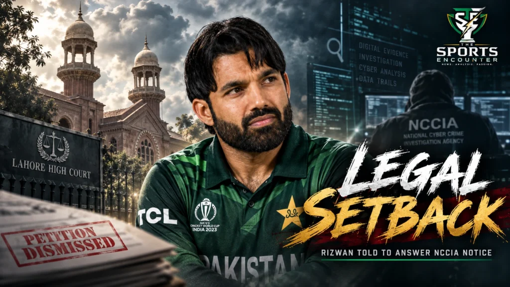 Mohammad Rizwan pictured against Lahore High Court and NCCIA imagery after his petition challenging the cybercrime agency proceedings was dismissed.