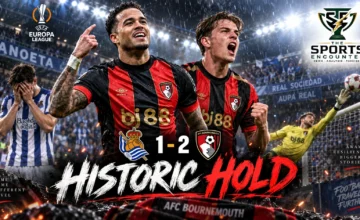 Justin Kluivert and Rayan celebrate as Bournemouth beat Real Sociedad 2-1 on their first European appearance at Anoeta.