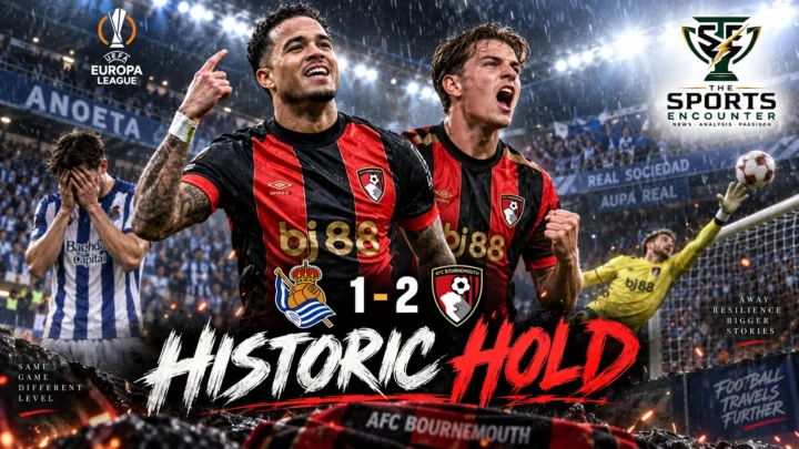 Justin Kluivert and Rayan celebrate as Bournemouth beat Real Sociedad 2-1 on their first European appearance at Anoeta.