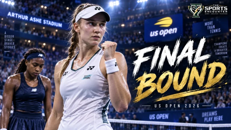 Elena Rybakina celebrates at Arthur Ashe Stadium after defeating Coco Gauff to reach the US Open 2026 final.