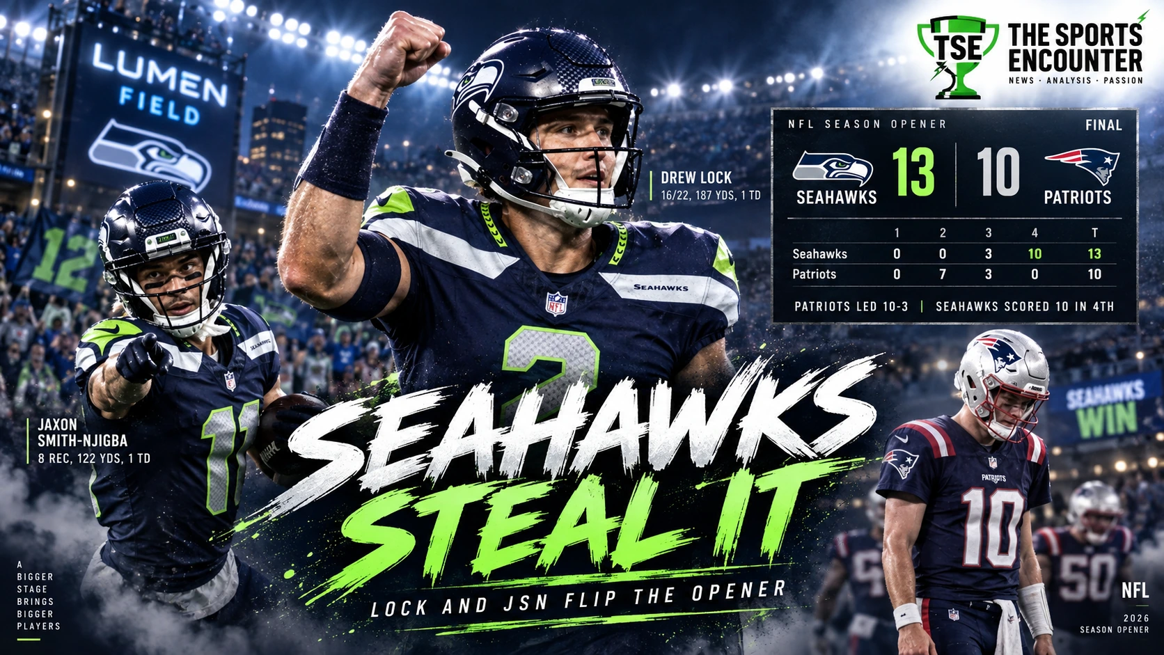 Drew Lock and Jaxon Smith-Njigba celebrate as the Seattle Seahawks beat the New England Patriots 13-10 in the NFL 2026 season opener.