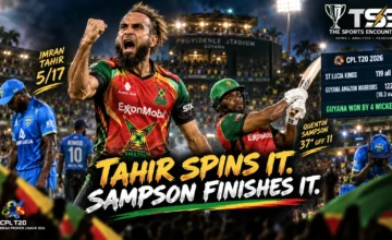 Imran Tahir celebrates during Guyana Amazon Warriors’ CPL 2026 victory over St Lucia Kings at Providence.