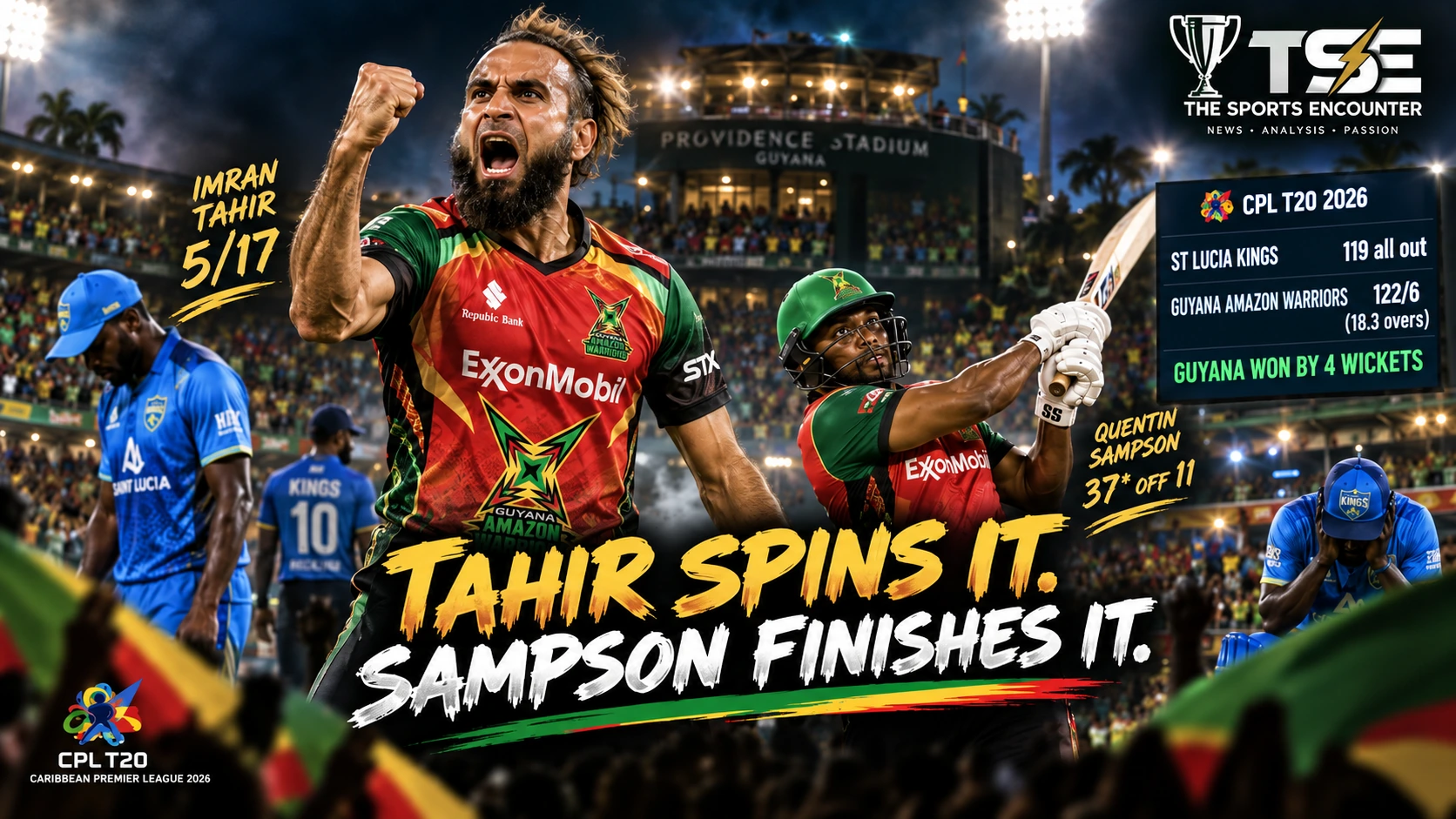 Imran Tahir celebrates during Guyana Amazon Warriors’ CPL 2026 victory over St Lucia Kings at Providence.