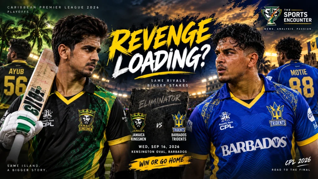 Saim Ayub and Gudakesh Motie headline the CPL 2026 Eliminator rematch between Jamaica Kingsmen and Barbados Tridents at Kensington Oval.
