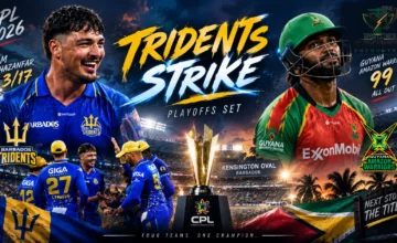 Barbados Tridents celebrate after bowling Guyana Amazon Warriors out for 99 at Kensington Oval as the CPL 2026 playoff matchups are confirmed.