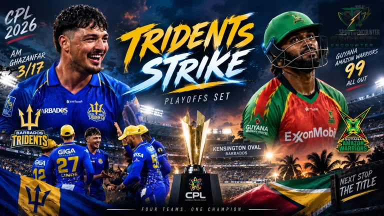 Barbados Tridents celebrate after bowling Guyana Amazon Warriors out for 99 at Kensington Oval as the CPL 2026 playoff matchups are confirmed.