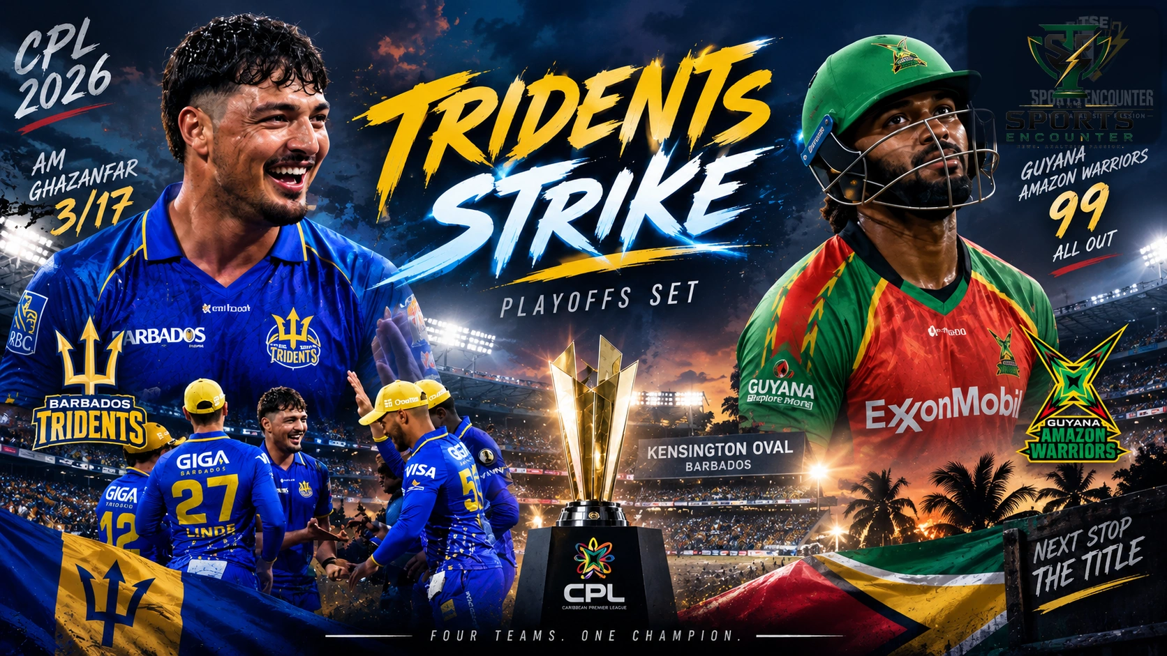 Barbados Tridents celebrate after bowling Guyana Amazon Warriors out for 99 at Kensington Oval as the CPL 2026 playoff matchups are confirmed.
