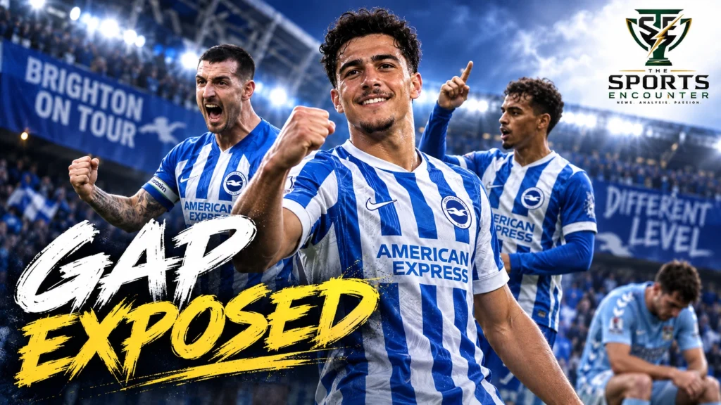 Brighton players celebrate during their five-goal Premier League victory over Coventry City at the Coventry Building Society Arena.