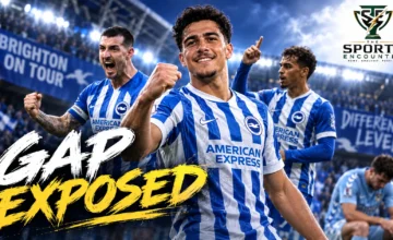 Brighton players celebrate during their five-goal Premier League victory over Coventry City at the Coventry Building Society Arena.