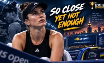 Elina Svitolina looks dejected during the 2026 US Open in a cinematic TSE graphic reflecting on her third-round loss to Anna Kalinskaya and the missed chances that ended her New York run.