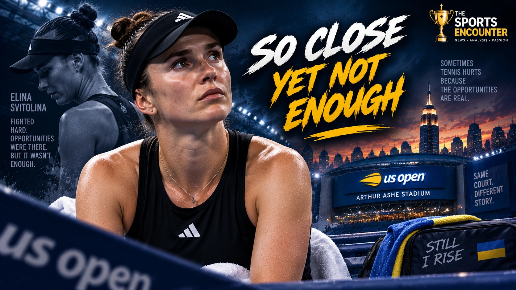 Elina Svitolina looks dejected during the 2026 US Open in a cinematic TSE graphic reflecting on her third-round loss to Anna Kalinskaya and the missed chances that ended her New York run.