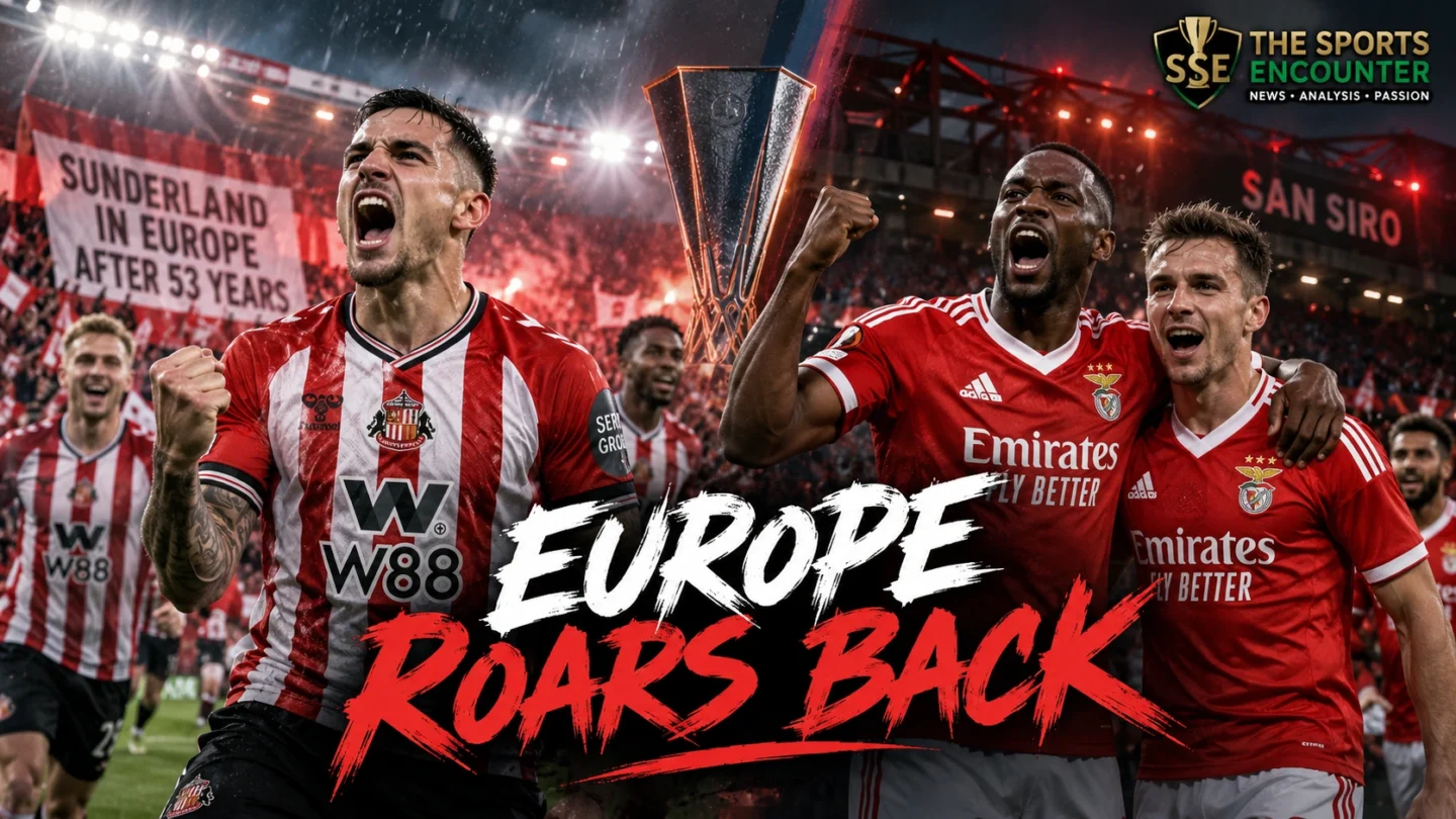 Sunderland players celebrate their Europa League return as Benfica celebrate a historic 2-0 win over AC Milan at San Siro.
