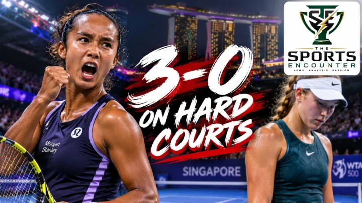 Leylah Fernandez celebrates after defeating Mirra Andreeva 6-2, 7-5 in the 2026 Singapore Tennis Open quarterfinals.