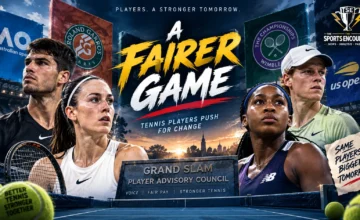 Leading tennis players stand against a Grand Slam backdrop as the new Grand Slam Player Advisory Council opens negotiations over prize money, player welfare, and revenue sharing.