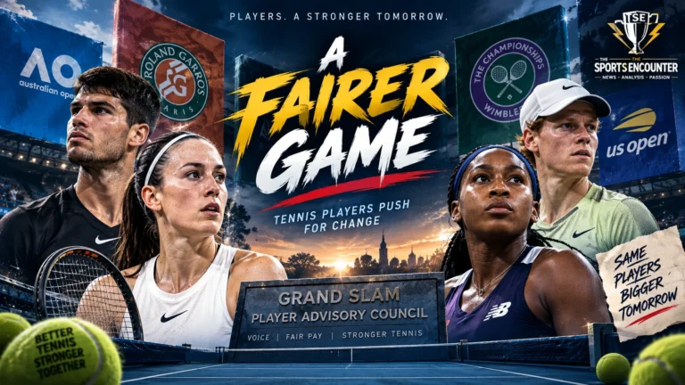 Leading tennis players stand against a Grand Slam backdrop as the new Grand Slam Player Advisory Council opens negotiations over prize money, player welfare, and revenue sharing.