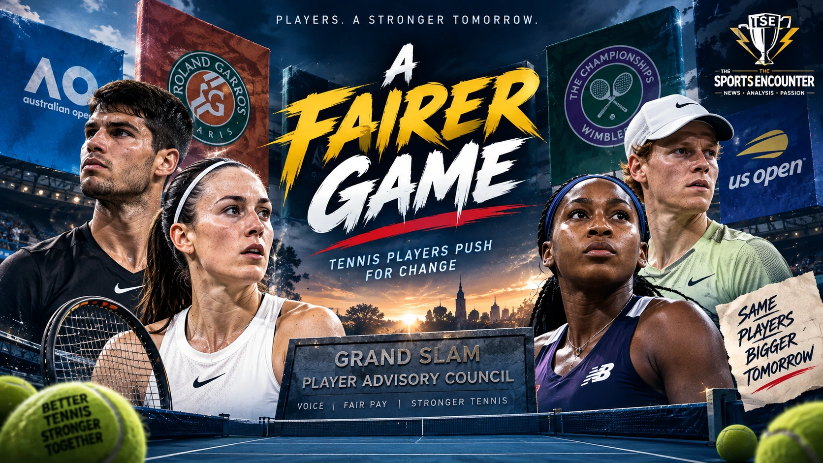 Leading tennis players stand against a Grand Slam backdrop as the new Grand Slam Player Advisory Council opens negotiations over prize money, player welfare, and revenue sharing.