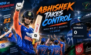 Abhishek Sharma celebrates during his 82 off 32 balls as India defeat Afghanistan by seven wickets in the first T20I at Arun Jaitley Stadium in Delhi.